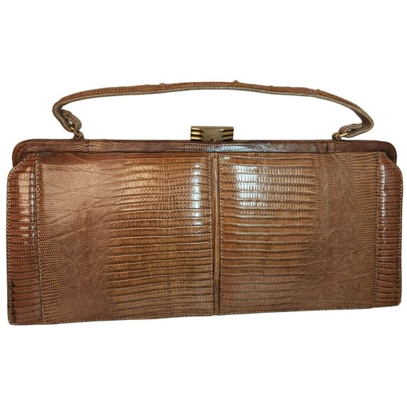 Vintage Palizzio Tegu Lizard Brown Rectangle Frame Closure 1960s Handbag - Picture 4 of 16